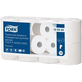 Бумага туалетная Tork 'Premium'(T4) 2-слойная, стандарт. рулон, 23м/рул, 8шт., мягкая, тисн., белая