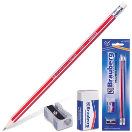 Набор BRAUBERG 2 карандаша (корп.из дерева)+стирательная резинка+точилка, на блистере, арт. 180338
