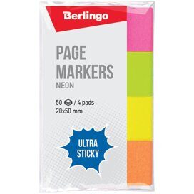 Флажки-закладки Berlingo 'Ultra Sticky', 20*50мм, 50л*4 неоновых цвета