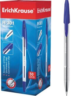 Ручка шариковая ERICH KRAUSE R-301, корпус прозрачный, узел 1мм, линия 0,5мм, синяя, 22029