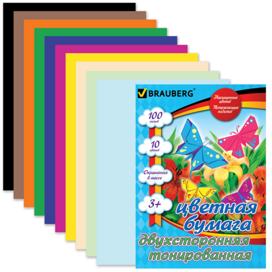 Цветная бумага А4 ДВУХСТОРОННЯЯ ТОНИР., склейка, 100л., 10цв., BRAUBERG Kids series,210х297мм,124715